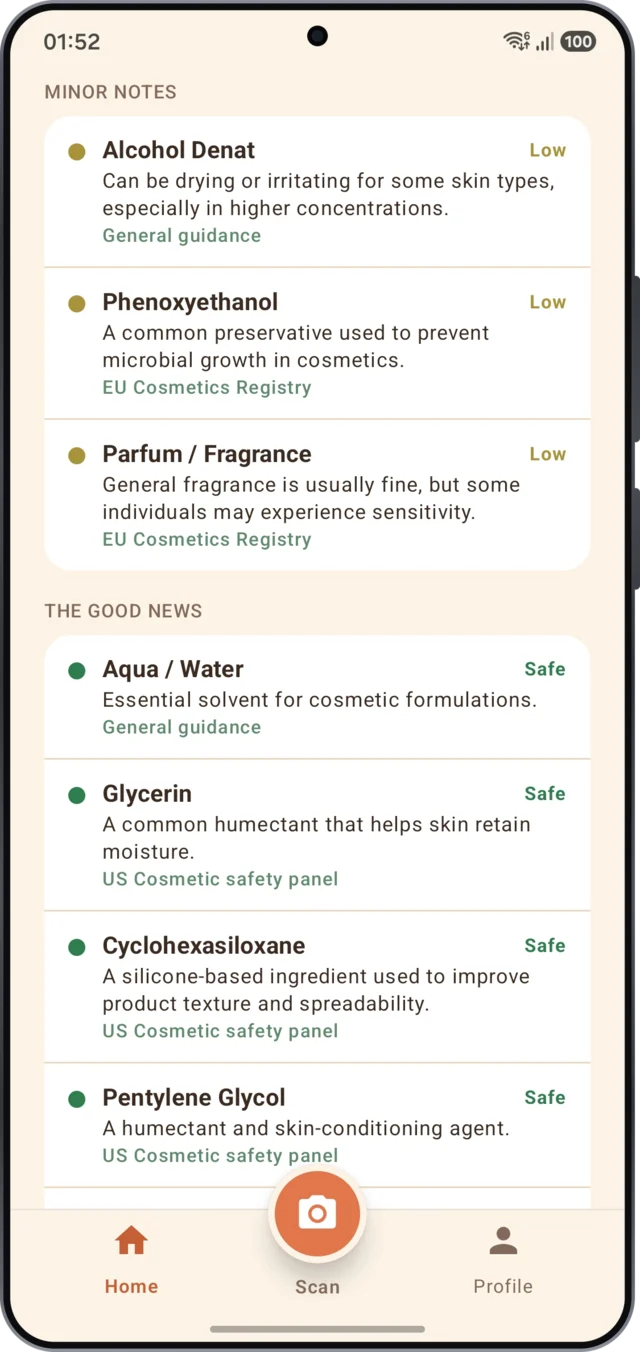 RubyMom explaining every ingredient with a safety level and its source