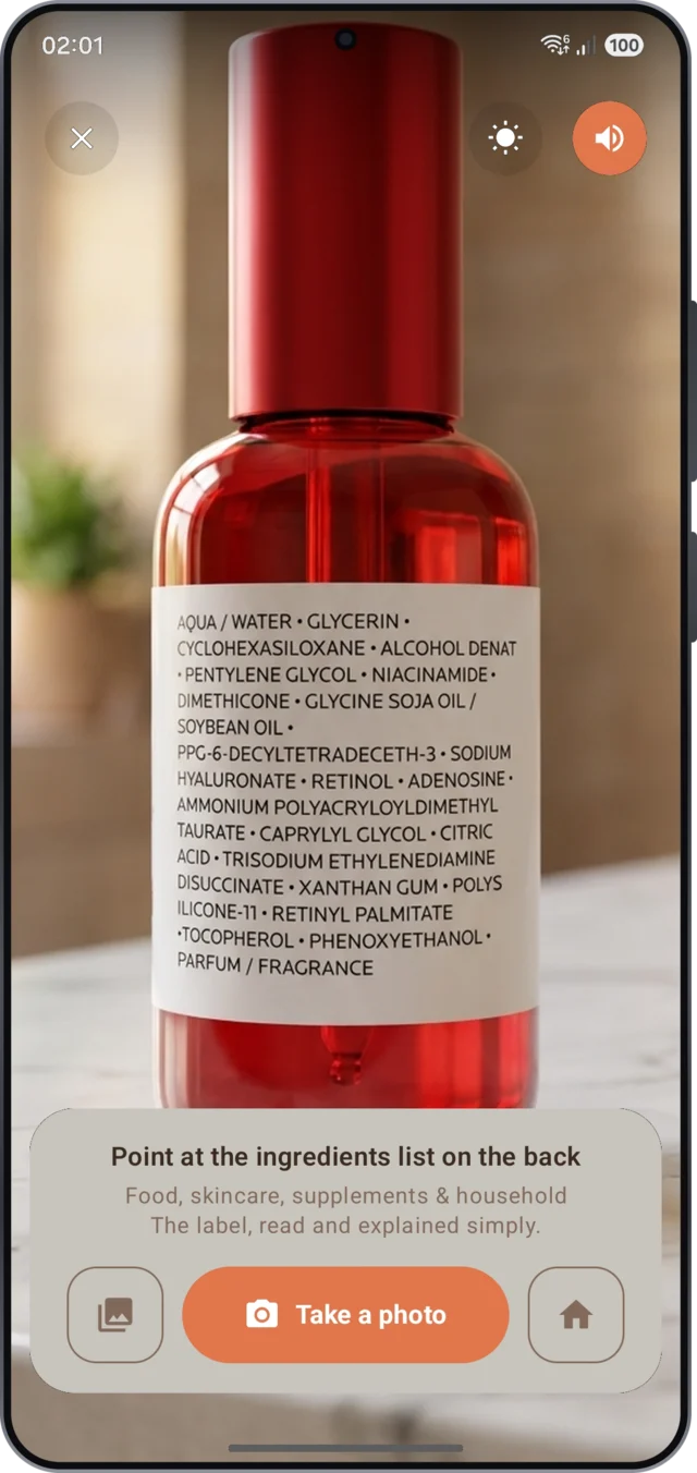RubyMom camera pointed at the ingredient list on a serum bottle