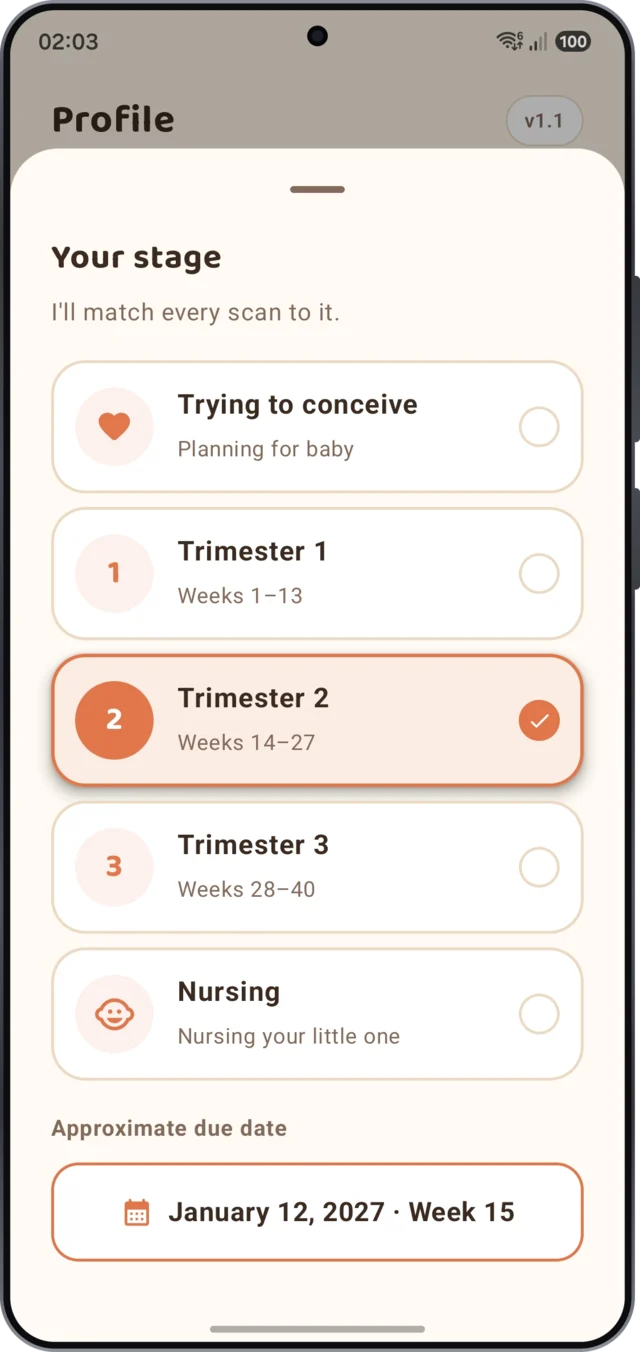 RubyMom profile screen with the stage picker and due date