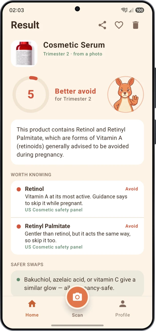 RubyMom result screen showing a clear verdict for a scanned serum