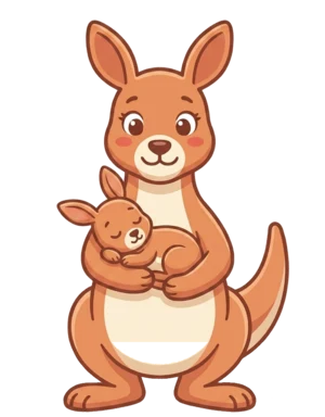 Ruby, the RubyMom mascot, holding her sleeping joey